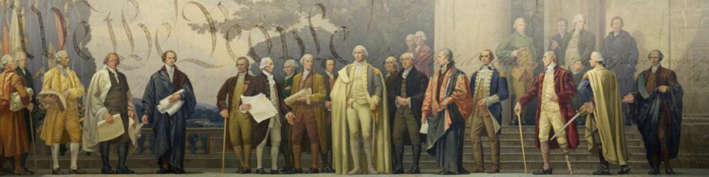 Painting depicting our forefathers gathering to sign the constitution