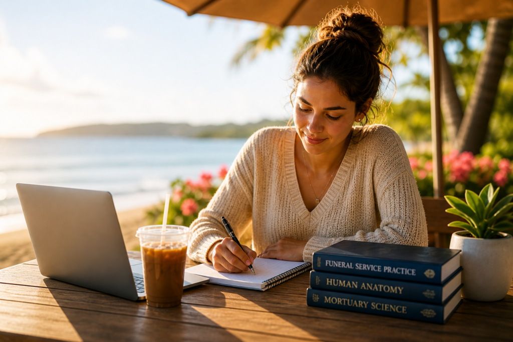 Pierce mortuary college student studying at the beach on lap top